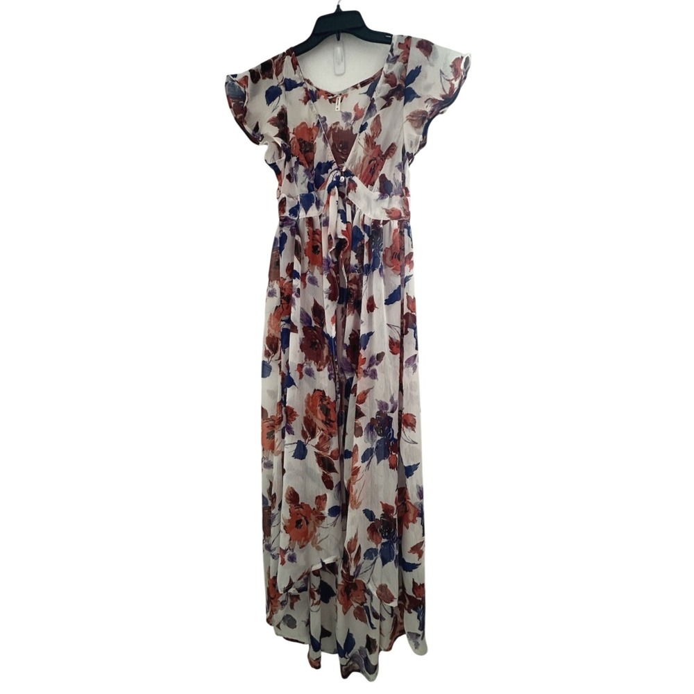 Truth Floral Duster Kimono Cover-up M Sheer Hi-Low High‎ Waist 3 Buttons Resort